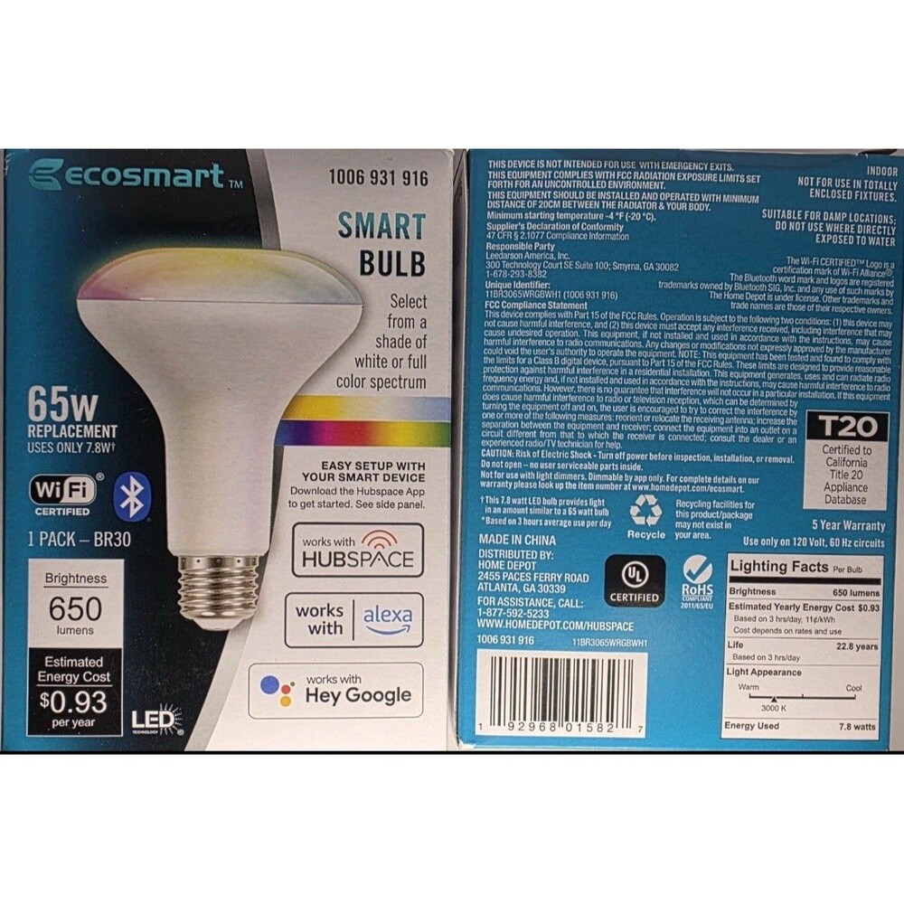 Lot 2 EcoSmart 65 Watt Smart Hubspace BR30 Color Changing CEC LED Light Bulb